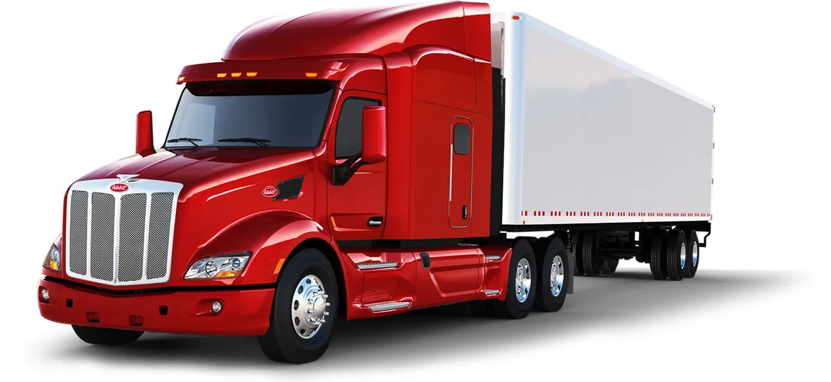 Red semi truck with white trailer